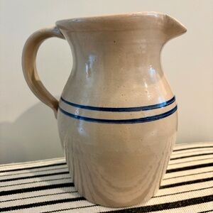 vintage blue striped stoneware pitcher